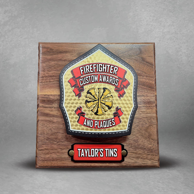 Gold Leaf Firefighter Award Plaque – 8.5x9 Custom Shield – Taylor's Tins