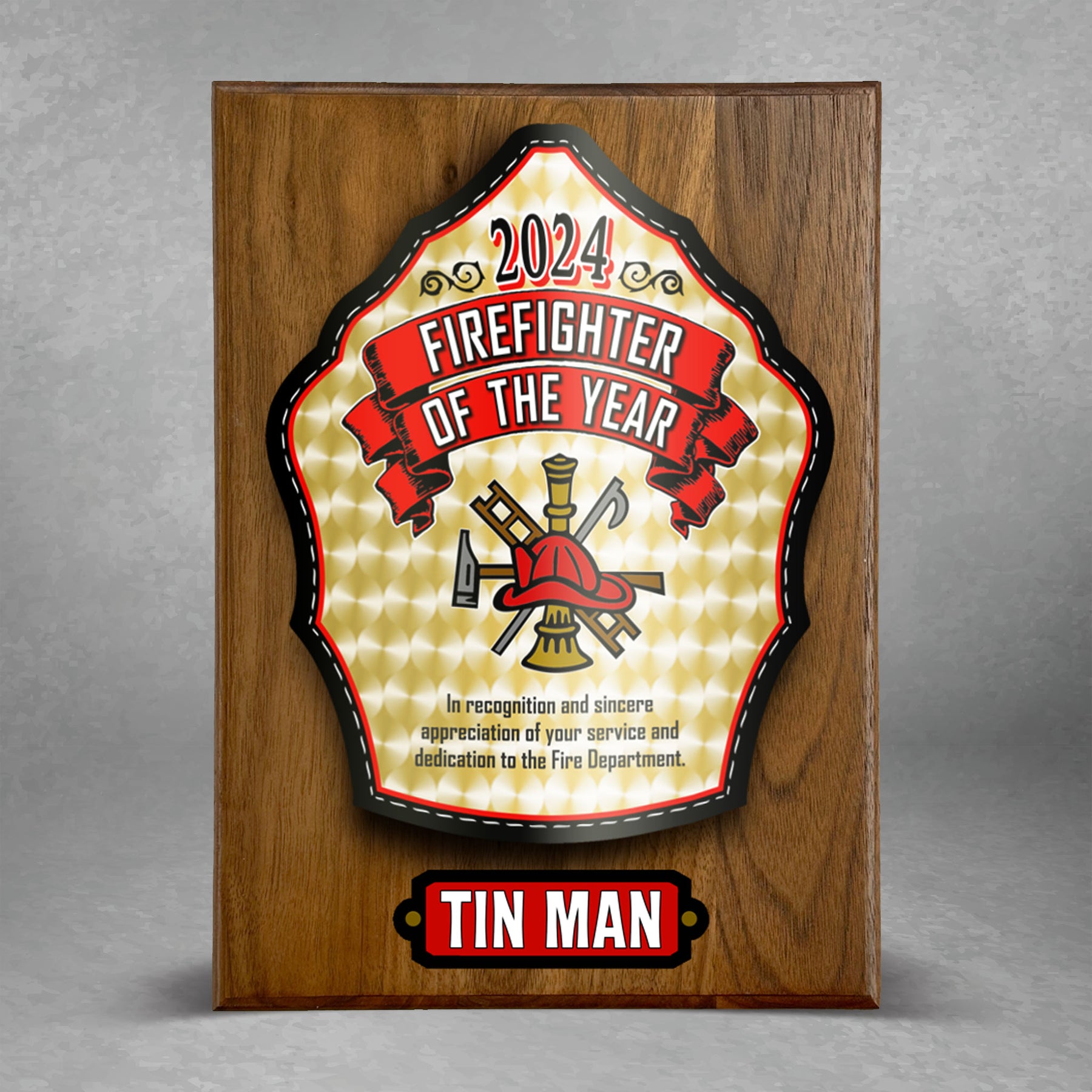 Taylor's Tins High Eagle Firefighter Award Plaque 9x12 Walnut - Custom