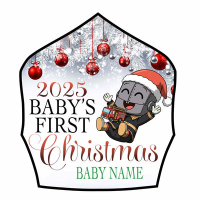 Baby's First Christmas design with a baby tinman wearing a Santa hat and text placeholder on a white background.